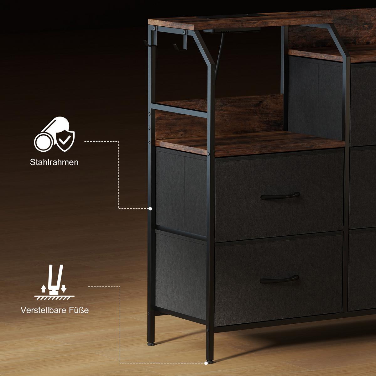 KOMMODE Schrank mit 8 Schubladen aus Vliesstoff Ladestation Haken Stahlrahmen - Multicolor/Schwarz, Kunststoff/Textil (30/88/130.5cm) - HOMCOM