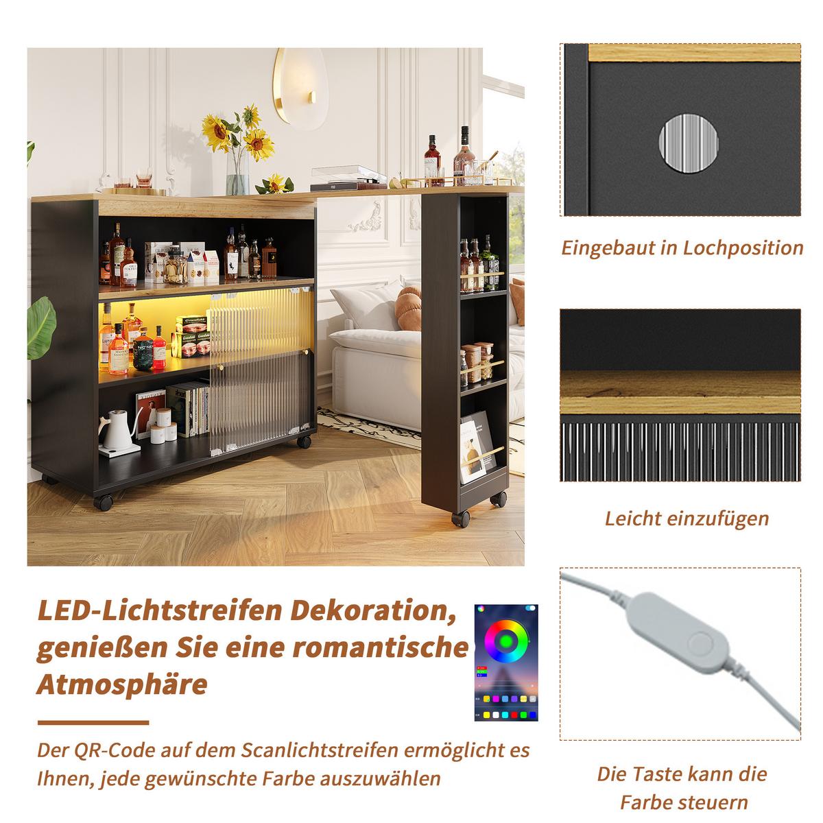 BARTISCH ausziehbar mit led & rollen - Schwarz, Holzwerkstoff (39/138/105cm) - Urban Meuble