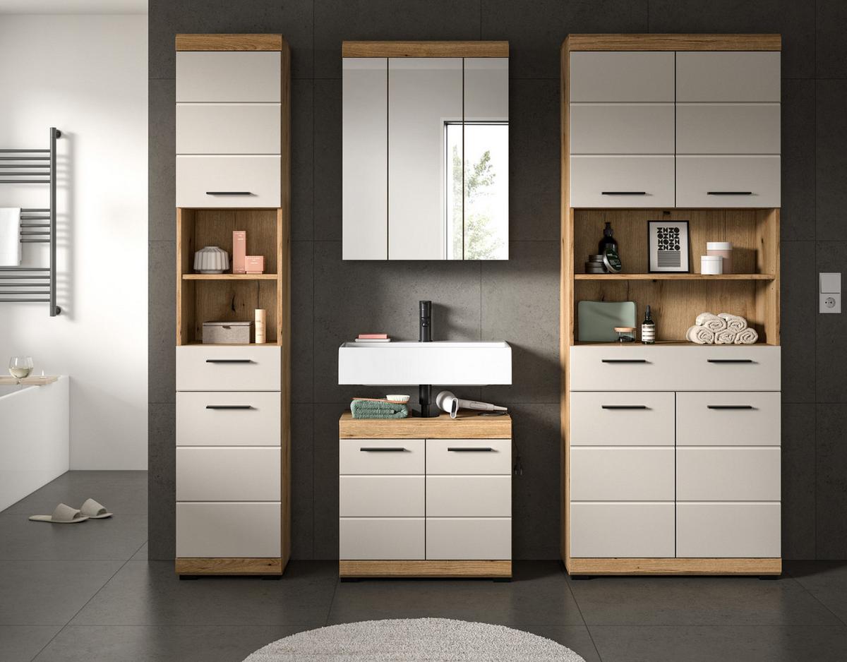 BADMÖBEL-SET 4-teilig Sand Kashmir, Evoke Eiche, Badkombination 200 x 191 cm - Kaschmir/Eichefarben, Glas/Holzwerkstoff (201/191/34cm) - Inn.Furn
