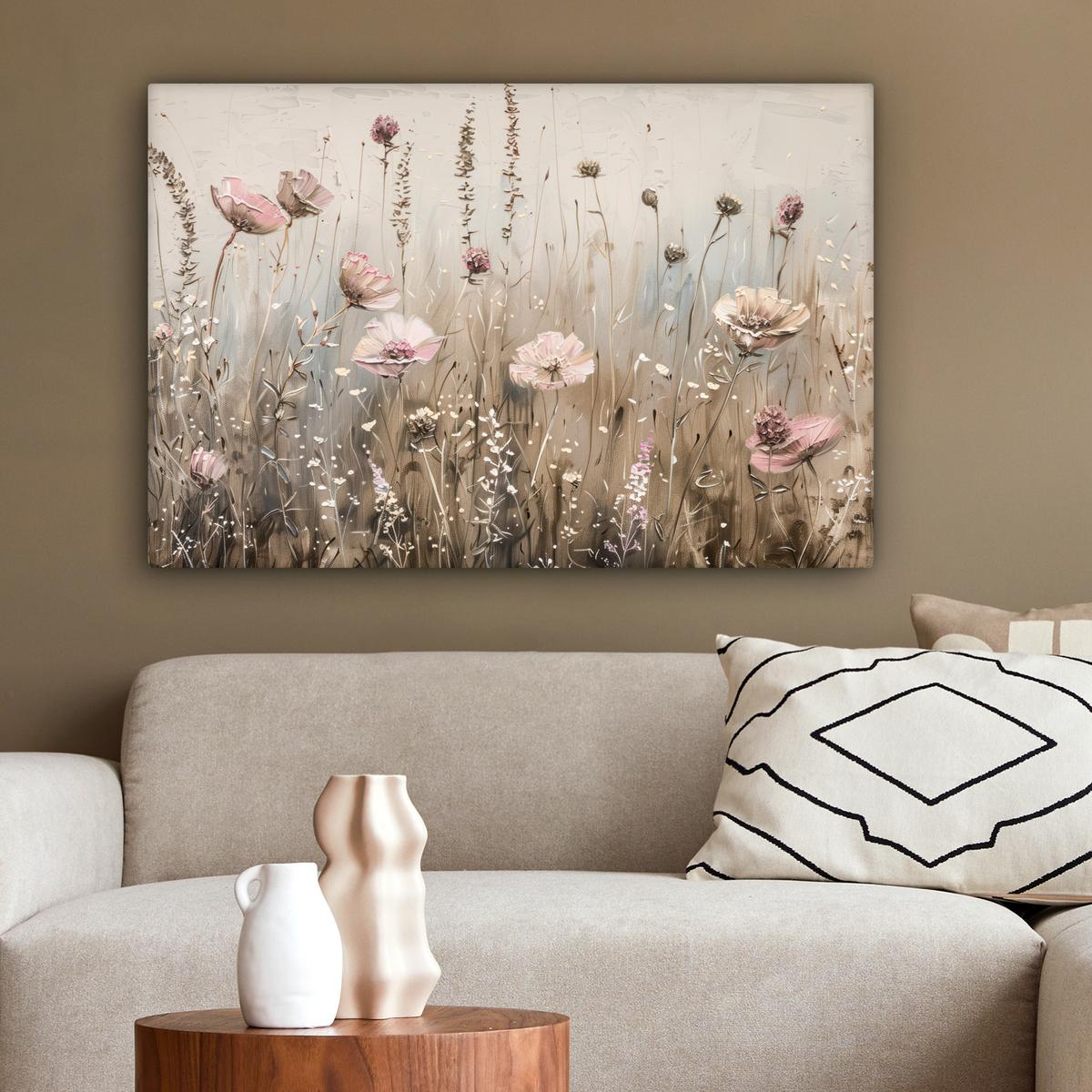 LEINWANDBILD Blumen - Rosa - Modern - Beige Gemälde 60x40 cm - Beige, Textil (60/40cm) - MuchoWow