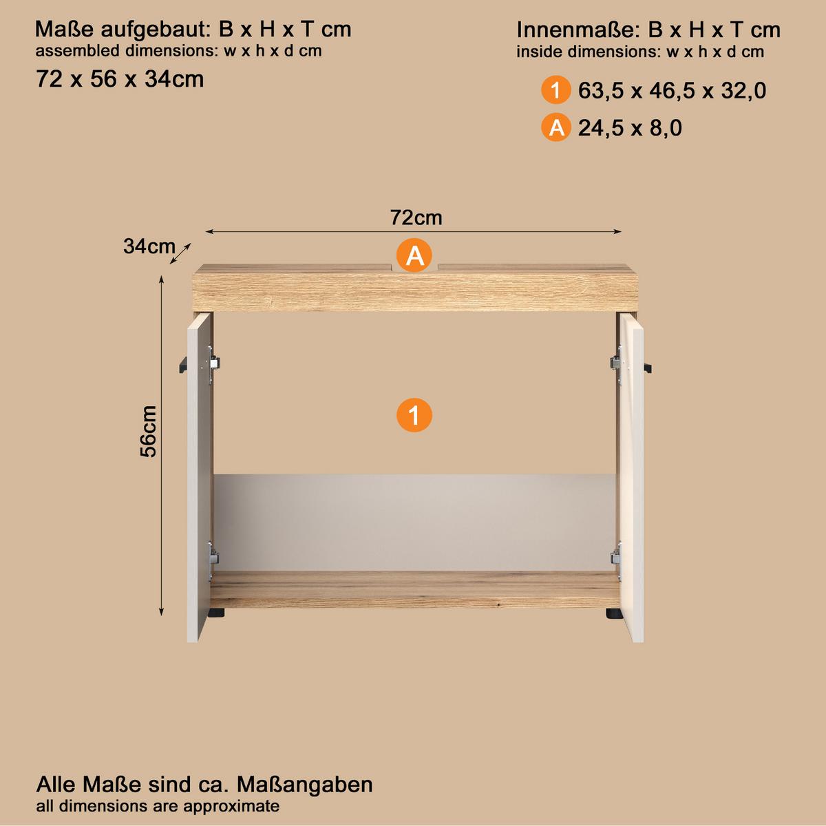 WASCHBECKENUNTERSCHRANK Kaschmir, Evoke Eiche 72 cm, Badezimmer Unterschrank 2-türig - Kaschmir/Eichefarben, Holzwerkstoff/Kunststoff (72/56/34cm) - Top.Furn