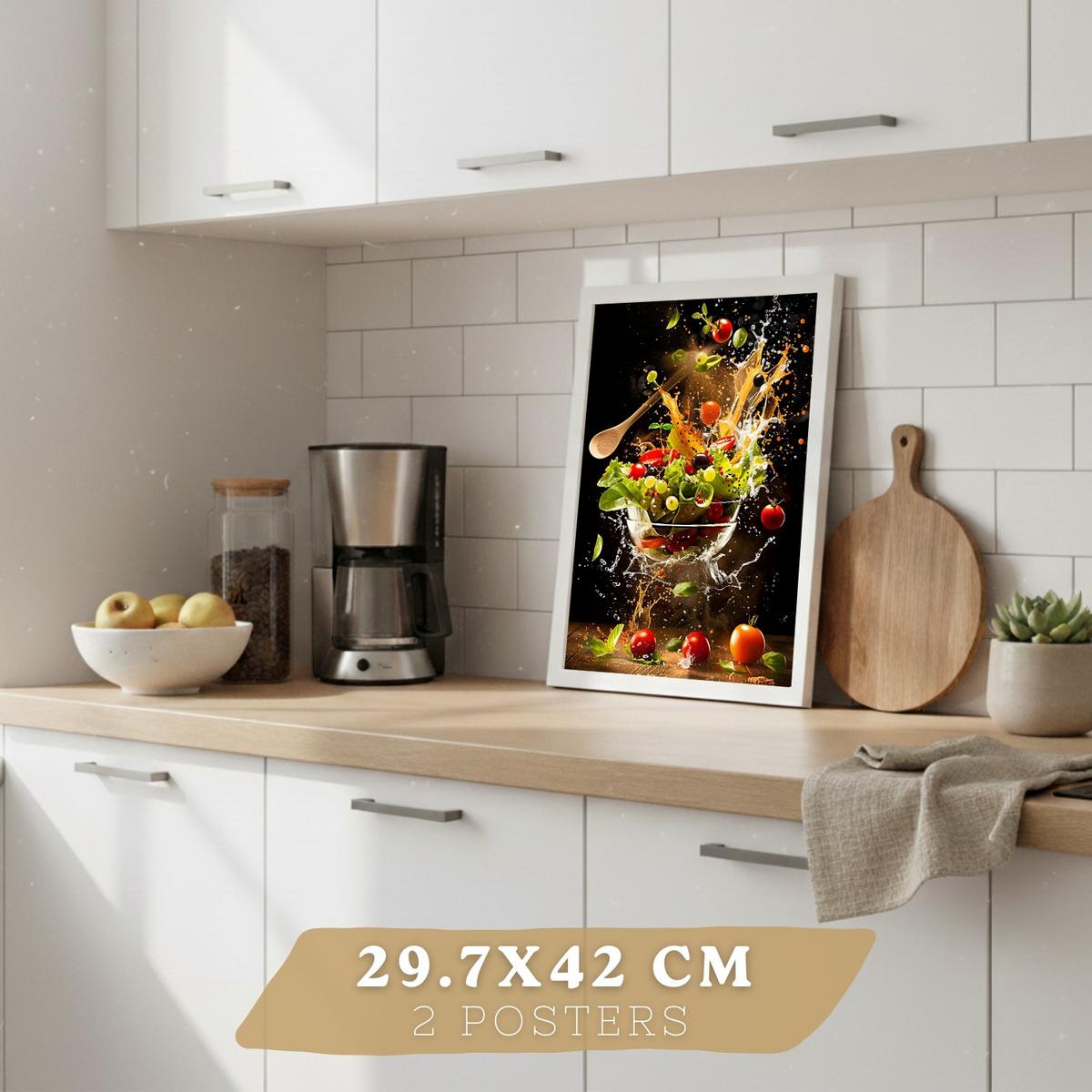 POSTER 2er Set Küchen-Wandbilder Erdbeer-Dessert und Salat Splash Fotografie Schwarzer Hintergrund Deko Rahmenlos A3 - Weiß, Papier (29.7/1/42cm) - Nacnic
