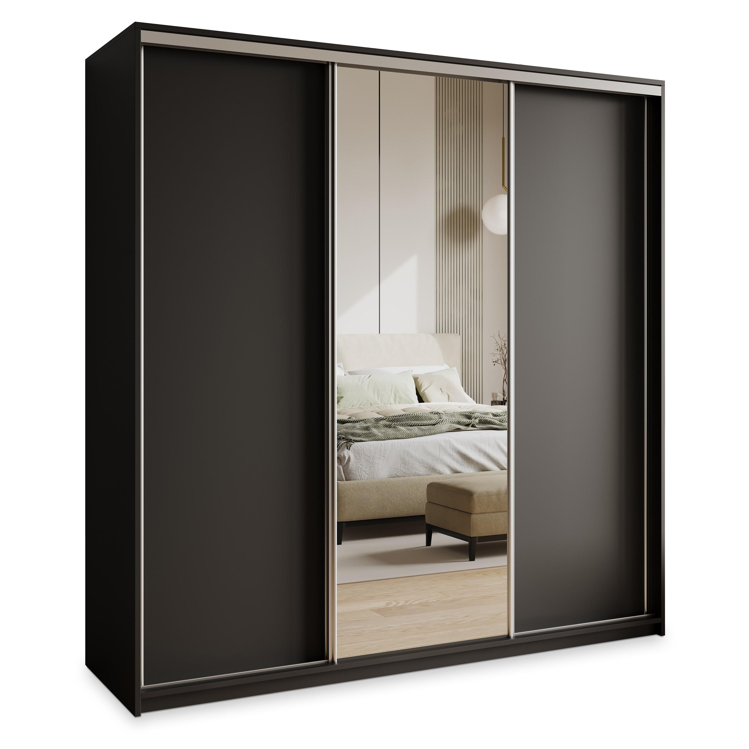 SCHWEBETÜRENSCHRANK TAVI 180/205/60 cm 3-türig mit Spiegel und Schubladen Schwarz - Schwarz/Nickelfarben, Holzwerkstoff (180/205/60cm) - MASSENO