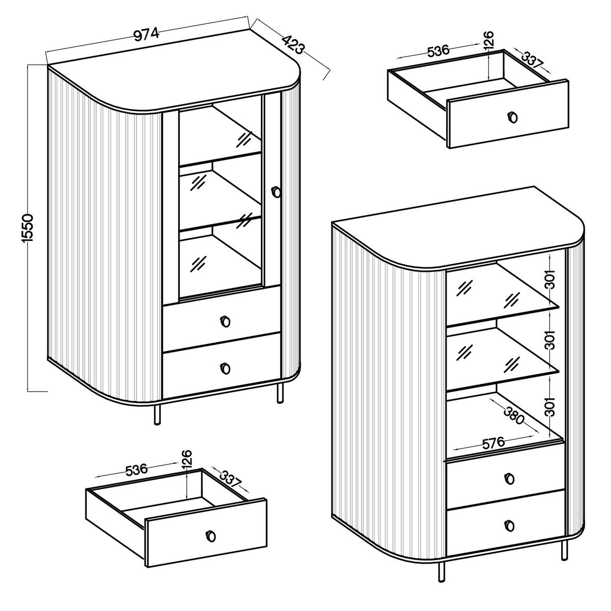 VITRINE Halay Beige, 1 Tür & 2 Schubladen Moderne Rillenstruktur, mit runden Kanten - Beige/Goldfarben, Holzwerkstoff/Metall (97.4/155/42.3cm) - AX Living