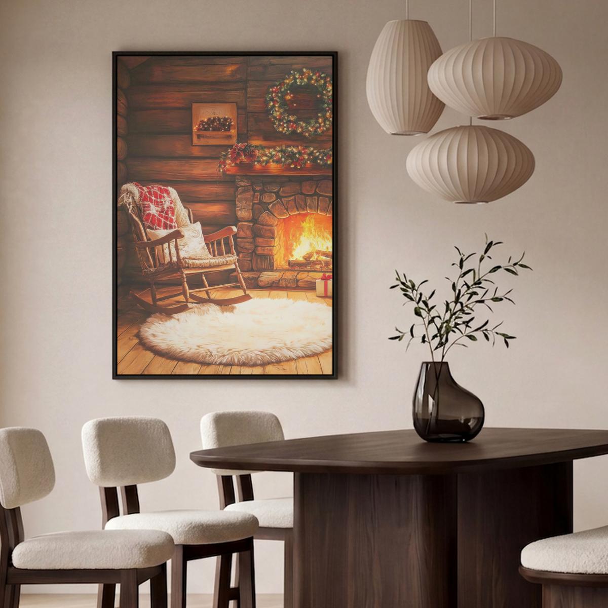 LEINWAND Bilder mit Rahmen - Winter - Weihnachten - Zuhause - Kamin - 90x140 - Bernsteinfarben, Textil (90/140cm) - MuchoWow