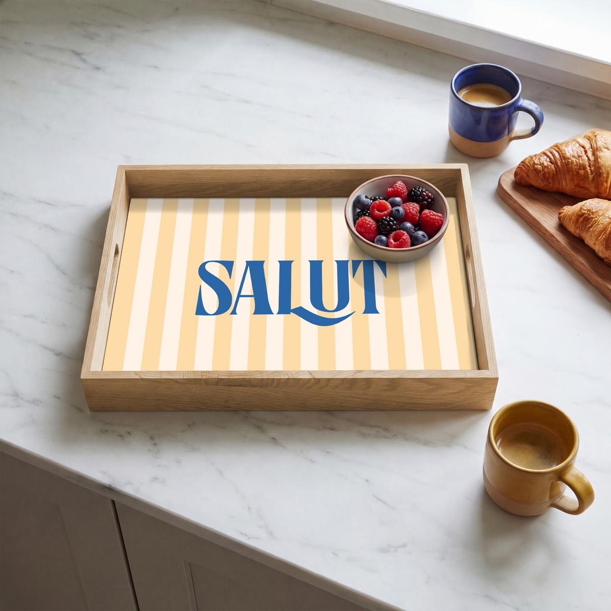 TABLETT Salut - Zitat - Streifen - Gelb - Blau - Weiß 40x30 cm - Beige, Holz (40/5/5cm) - OnlyWow