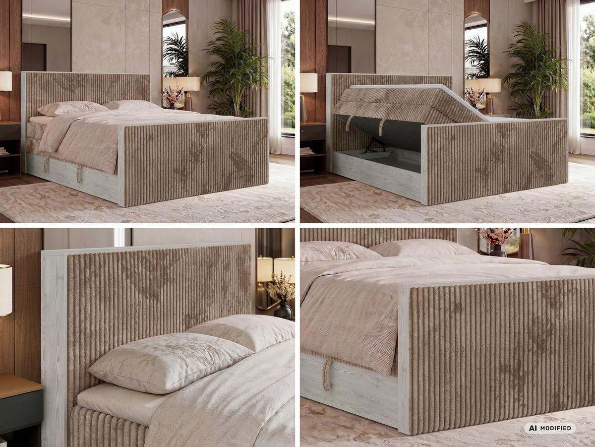 BOXSPRINGBETT NORDIC KING DUO 140/200 - Braun Cord - Topper Visco - H3 - Schwarz/Braun, Kunststoff/Textil (140/200cm) - MKS