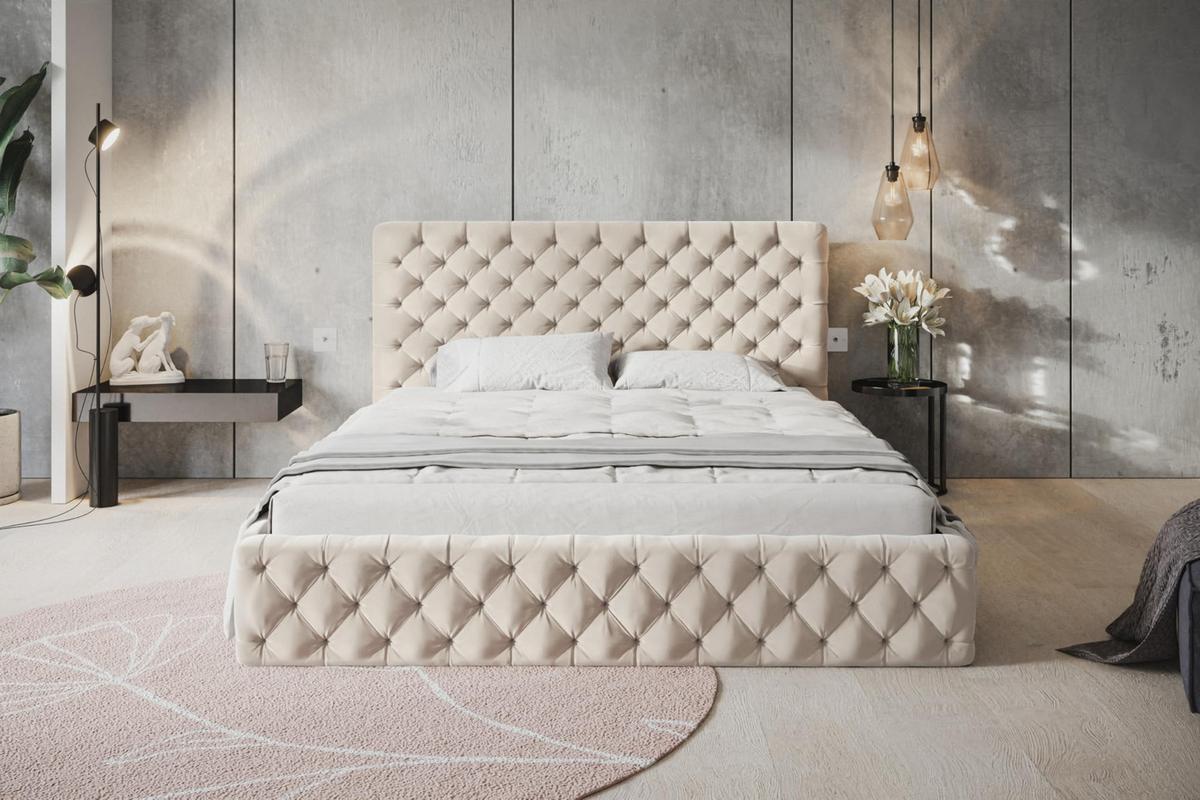 BETT 90x200 - Polsterbett mit Bettkasten und Holzrahmen - Elegant Betten - Weicher Jasminstoff - Kollektion Miami, Beige - Beige, Holz/Textil (90/200cm) - Alpi-Möbel
