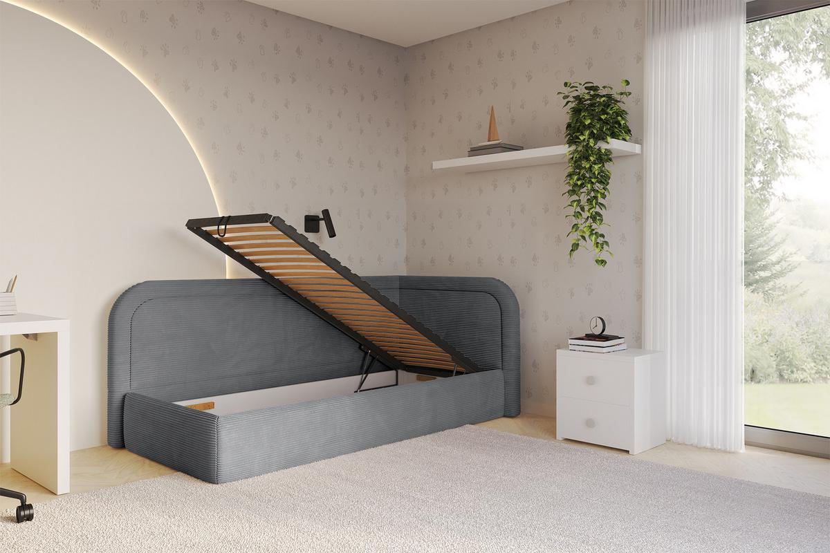 EINZELLBETT Jugendbett mit Bettkasten und Matratze H3/H4, Links - JOVY 100x200 Dunkelgrau - Graphitfarben, Holzwerkstoff/Textil (100/200cm) - ALTDECOR