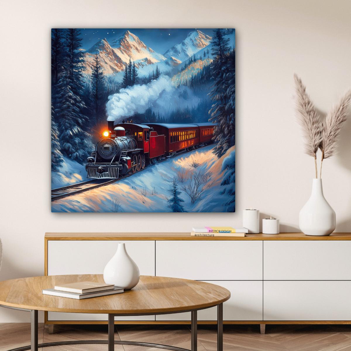 LEINWANDBILD Zug - Weihnachten - Schnee - Weihnachtszug Deko Groß 90x90 cm - Anthrazit, Textil (90/90cm) - MuchoWow