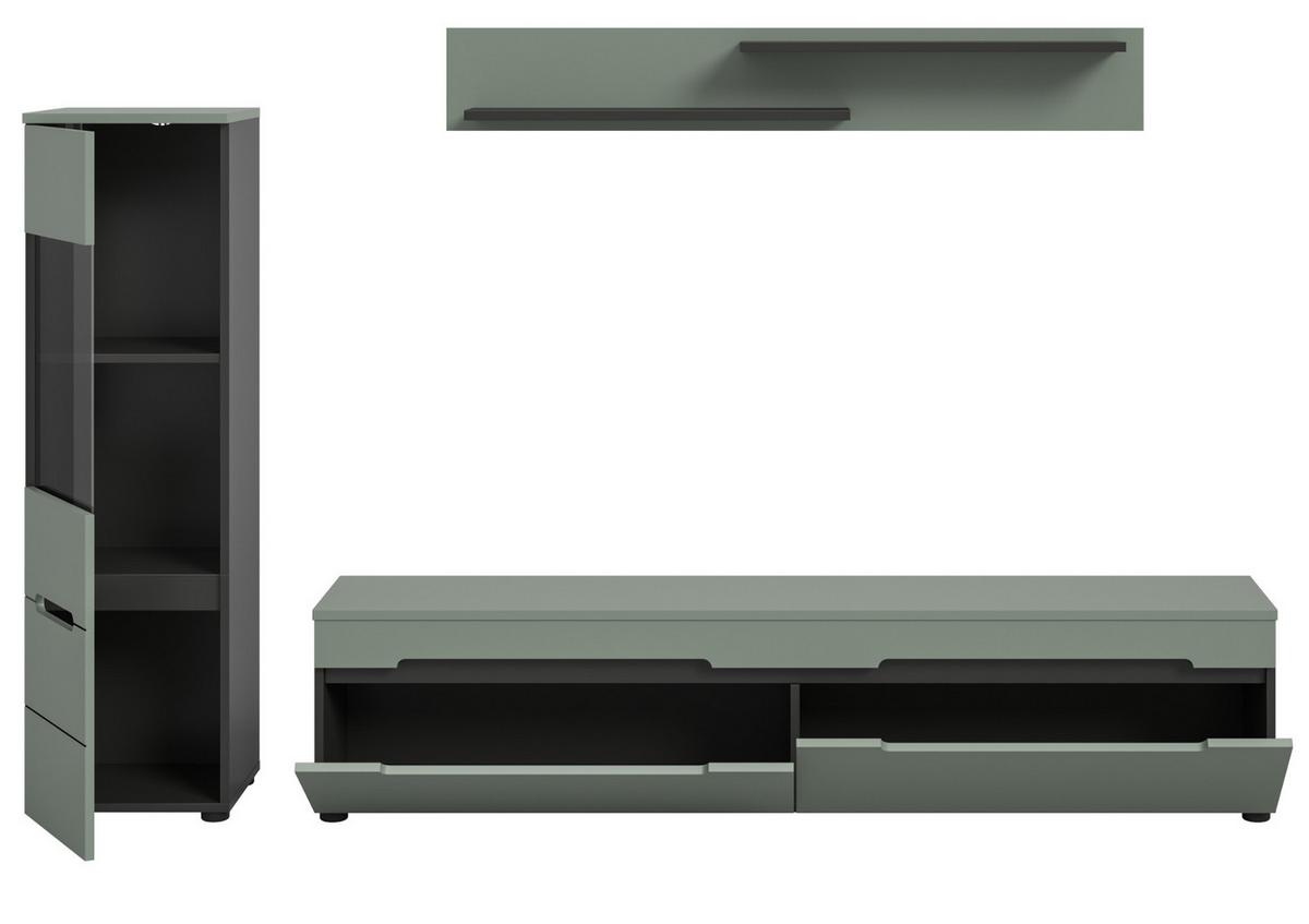 WOHNWAND Salbei grün, grau, Kombination 3-teilig 220 cm hängend oder stehend, Soft-Close - Salbeigrün/Schwarz, Glas/Holzwerkstoff (221/141/33cm) - Inn.Furn