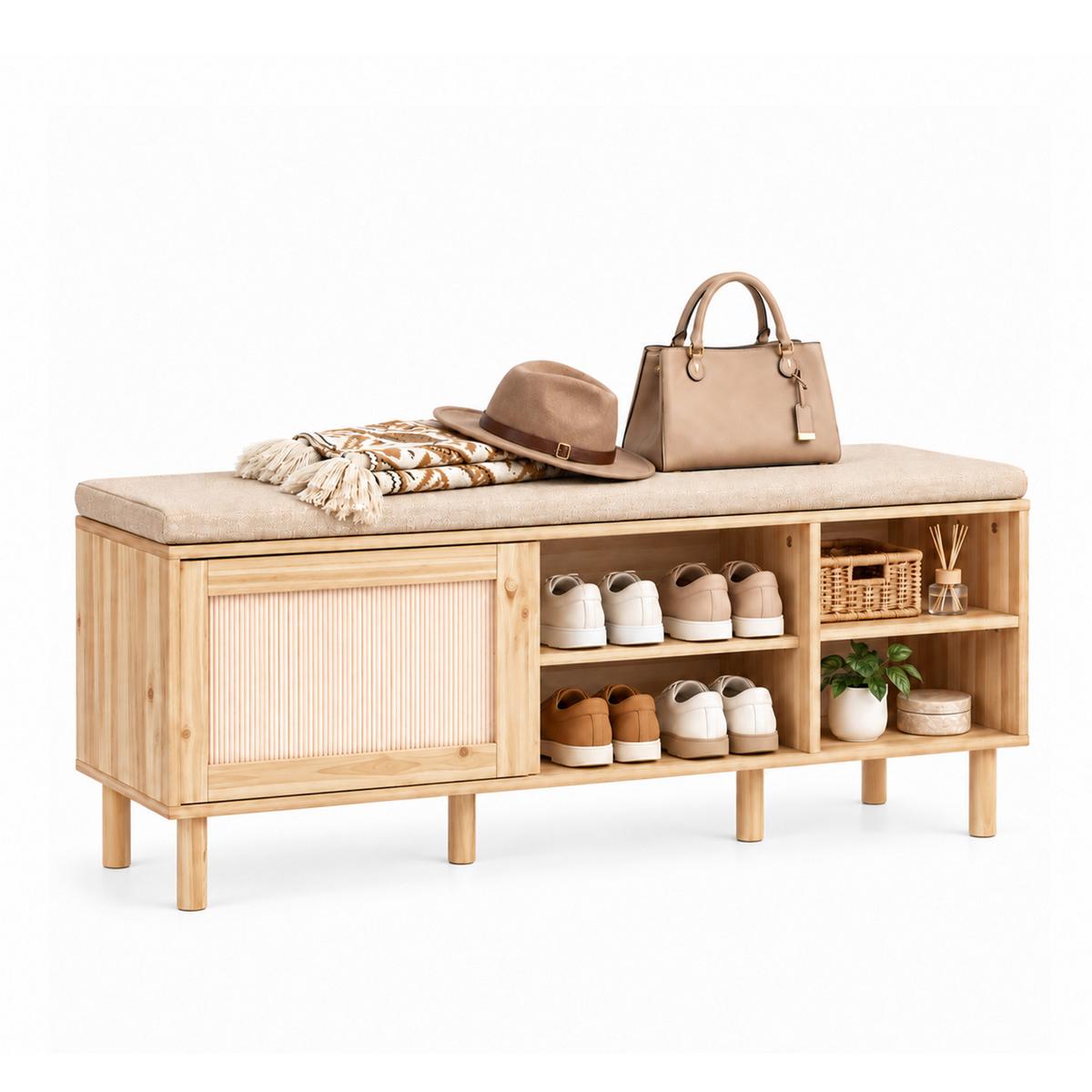 SITZBANK mit Stauraum, Natur, 121x49x35cm, 6 Fächer, Sitzkissen, für Flur, Diele und Schlafzimmer - Naturfarben, Naturmaterialien/Holzwerkstoff (121/49/35cm) - SoBuy