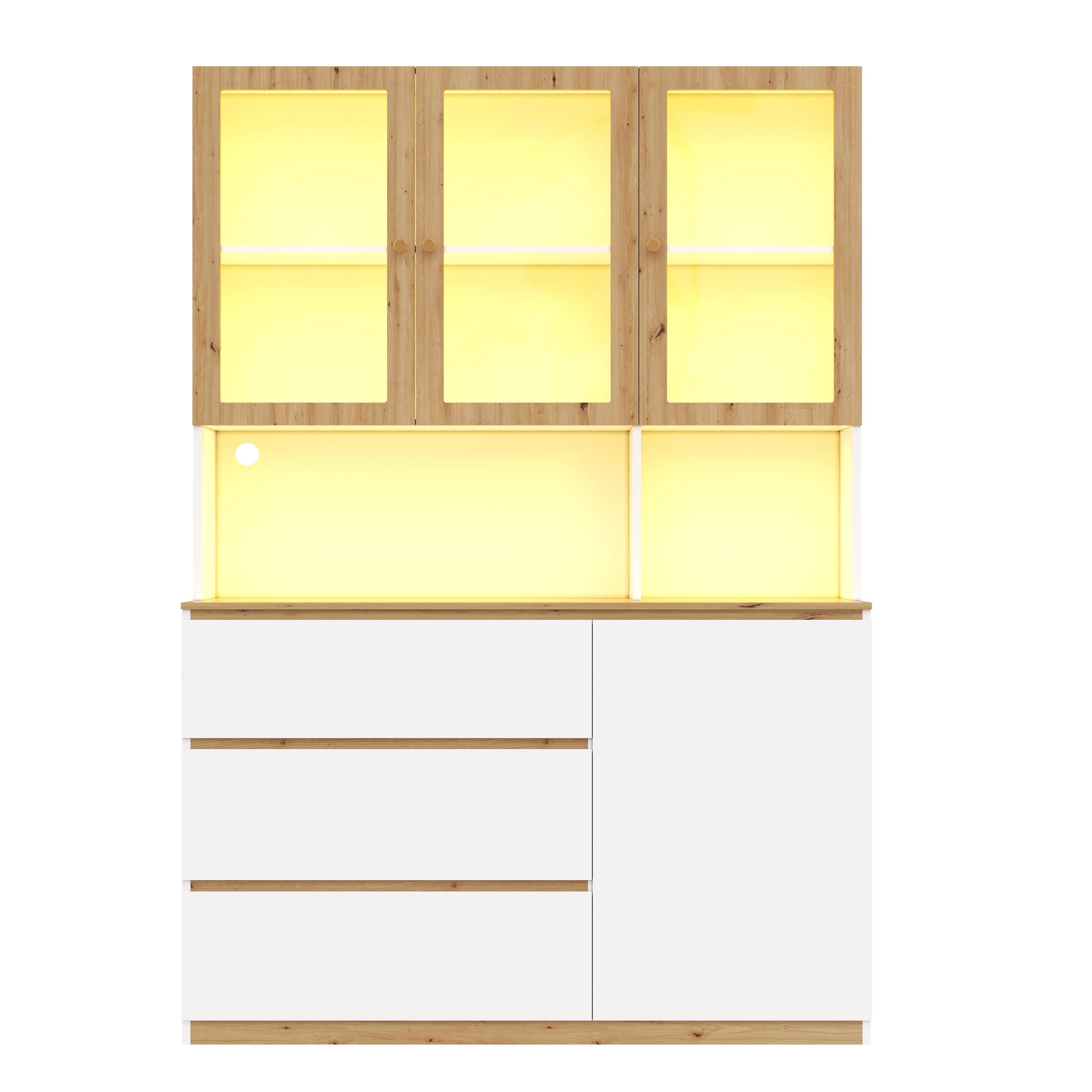 VITRINESCHRANK eiche & weiß 200 cm hoch mit led-beleuchtung & kabelmanagement - Weiß, Holzwerkstoff (120/200/40cm) - Urban Meuble