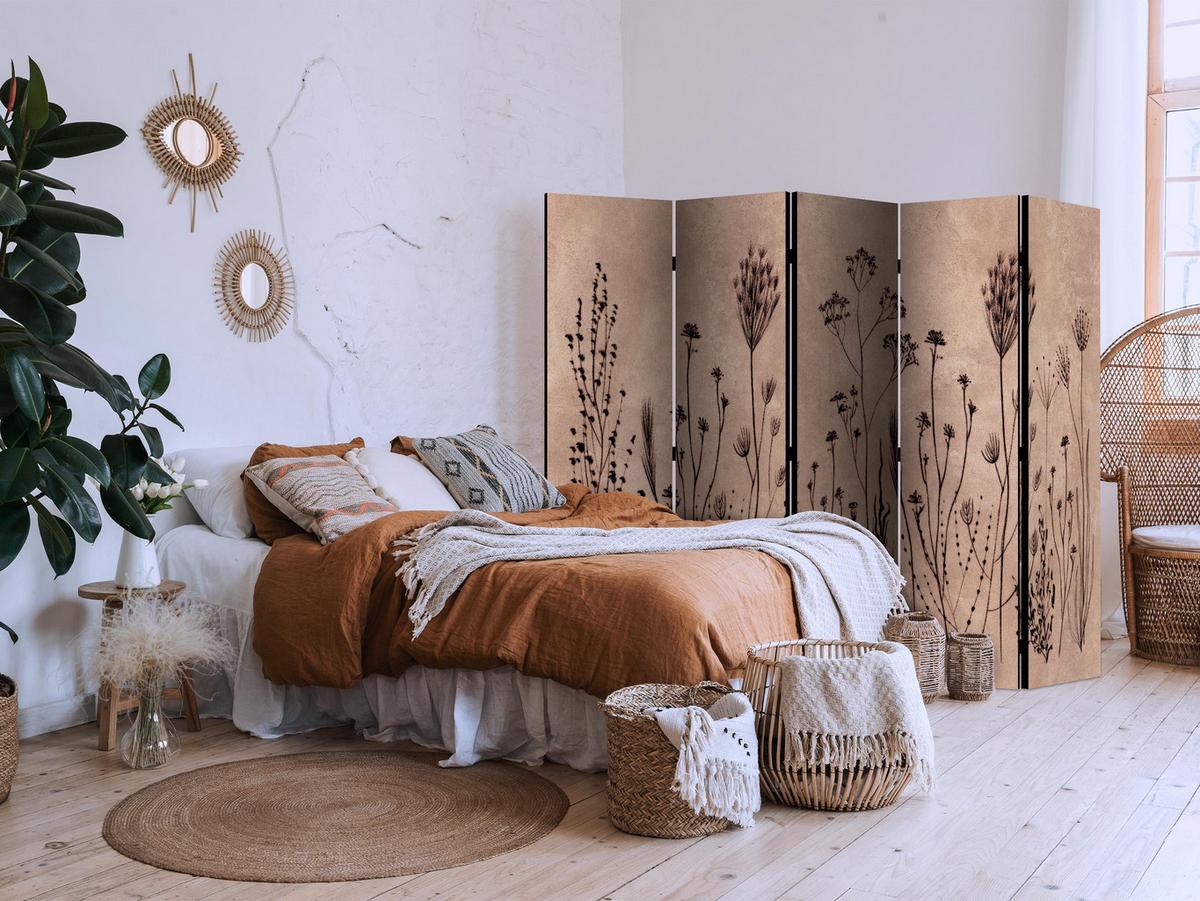 PARAVENT Einseitig Bedruckter 5-tlg 225x172 cm Wildpflanzen Retro - Braun, Holz/Textil (225/172/3cm) - Muralo