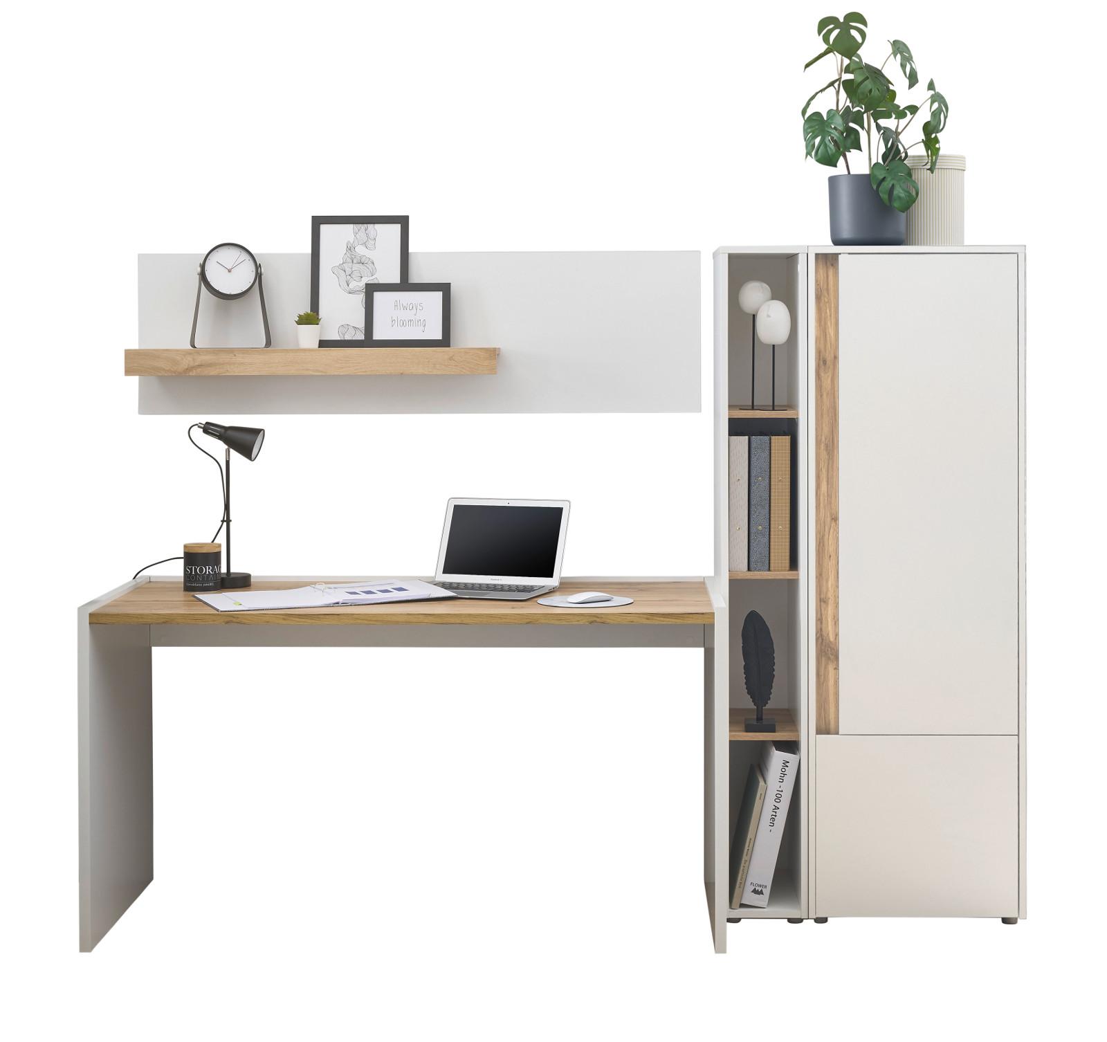 SCHREIBTISCHKOMBINATION 4-teilig weiß matt, Eiche Wotan 213 cm, Büromöbel Set mit viel Stauraum - Eichefarben/Eiche Wotan, Holzwerkstoff/Kunststoff (62/213/155cm) - Furn.Design