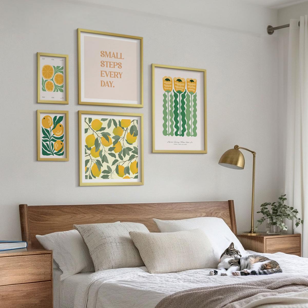 BILDER SET 5er Set - 50x50 cm & 20x30 cm & 40x60 cm Goldrahmen - Pflanzenmuster mit Blumen - Goldfarben, Kunststoff (40/60cm) - TULUP