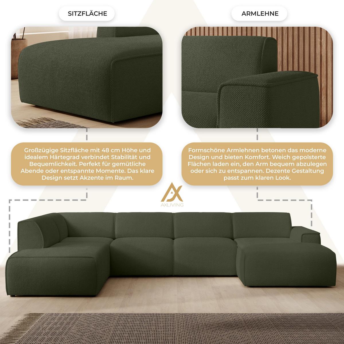 WOHNLANDSCHAFT Didim Grün 378/220/78 cm – großes Sofa stilvoll & bequem L - Schwarz/Grün, Kunststoff/Textil (220/78/378cm) - AX Living