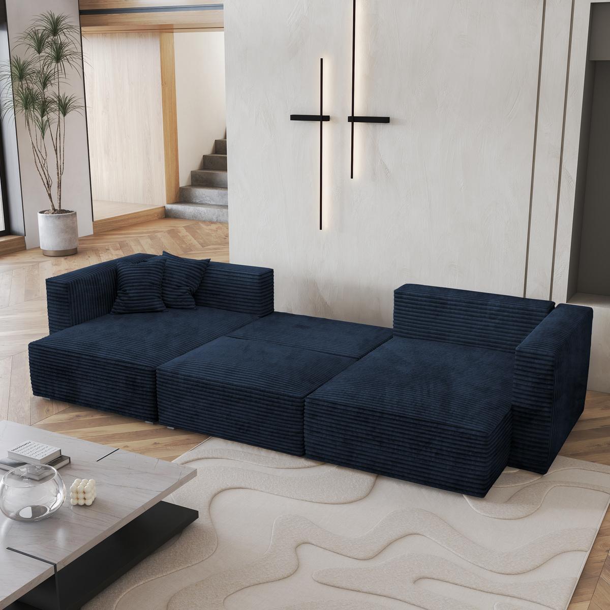 WOHNLANDSCHAFT SARMO Blau Kordstoff mit Schlaffunktion - Blau/Grau, Holz/Kunststoff (347/90/148cm) - MASSENO