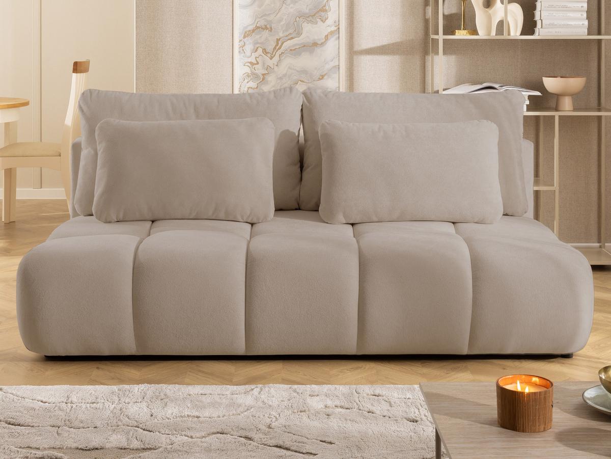 SCHLAFSOFA Belluno aus hochwertigem Dunkelbeige Plüschstoff mit Bettkasten und tiefen Steppungen in Bubble-Optik - Schwarz/Cappuccino, Holz/Kunststoff (205/87/105cm) - S-Style