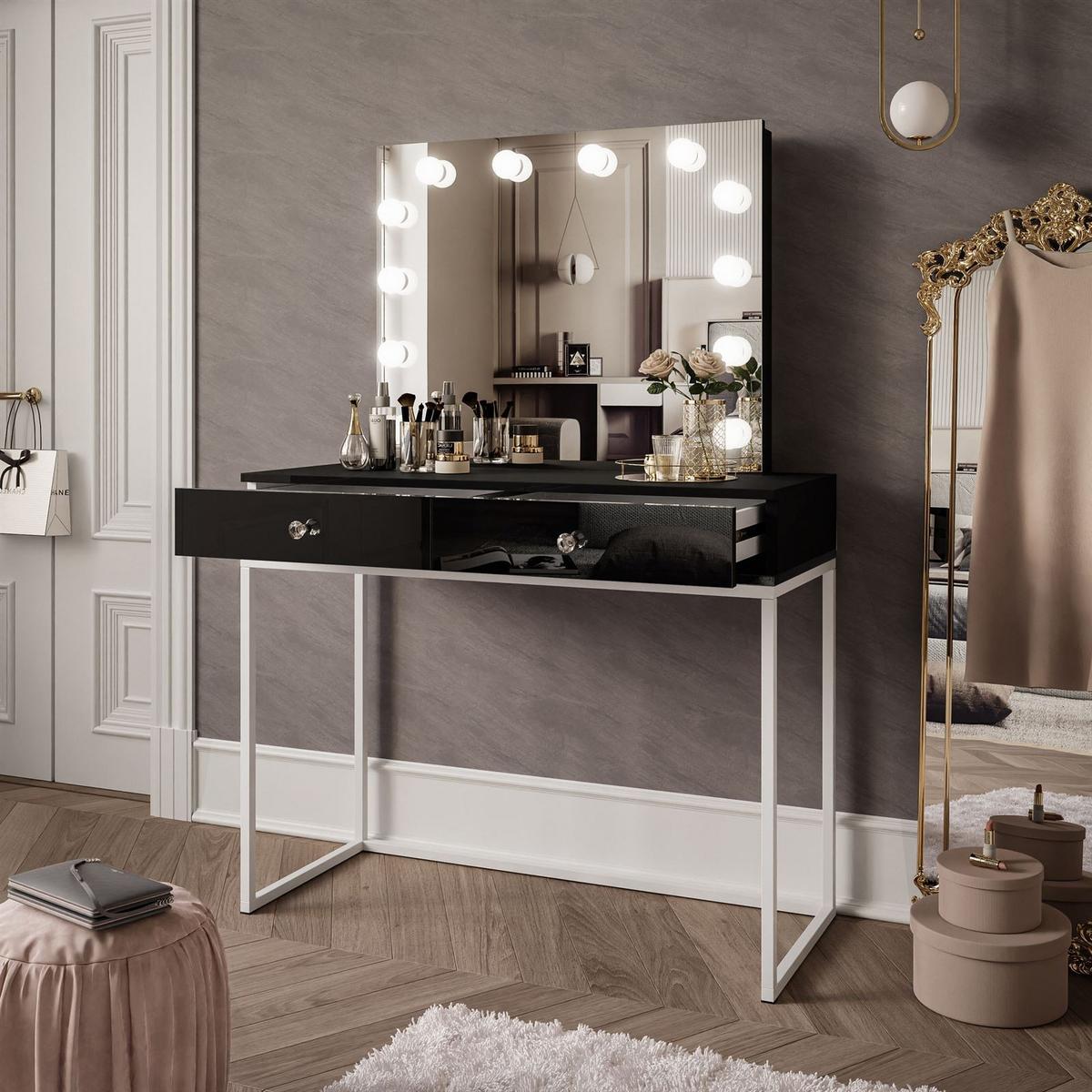 SCHMINKTISCH BLANCO LOFT ELITE mit Spiegel und Beleuchtung Schwarz Hochglanz Kristallgriff - Schwarz Hochglanz/Weiß, Holzwerkstoff (100/146/42cm) - Lookway