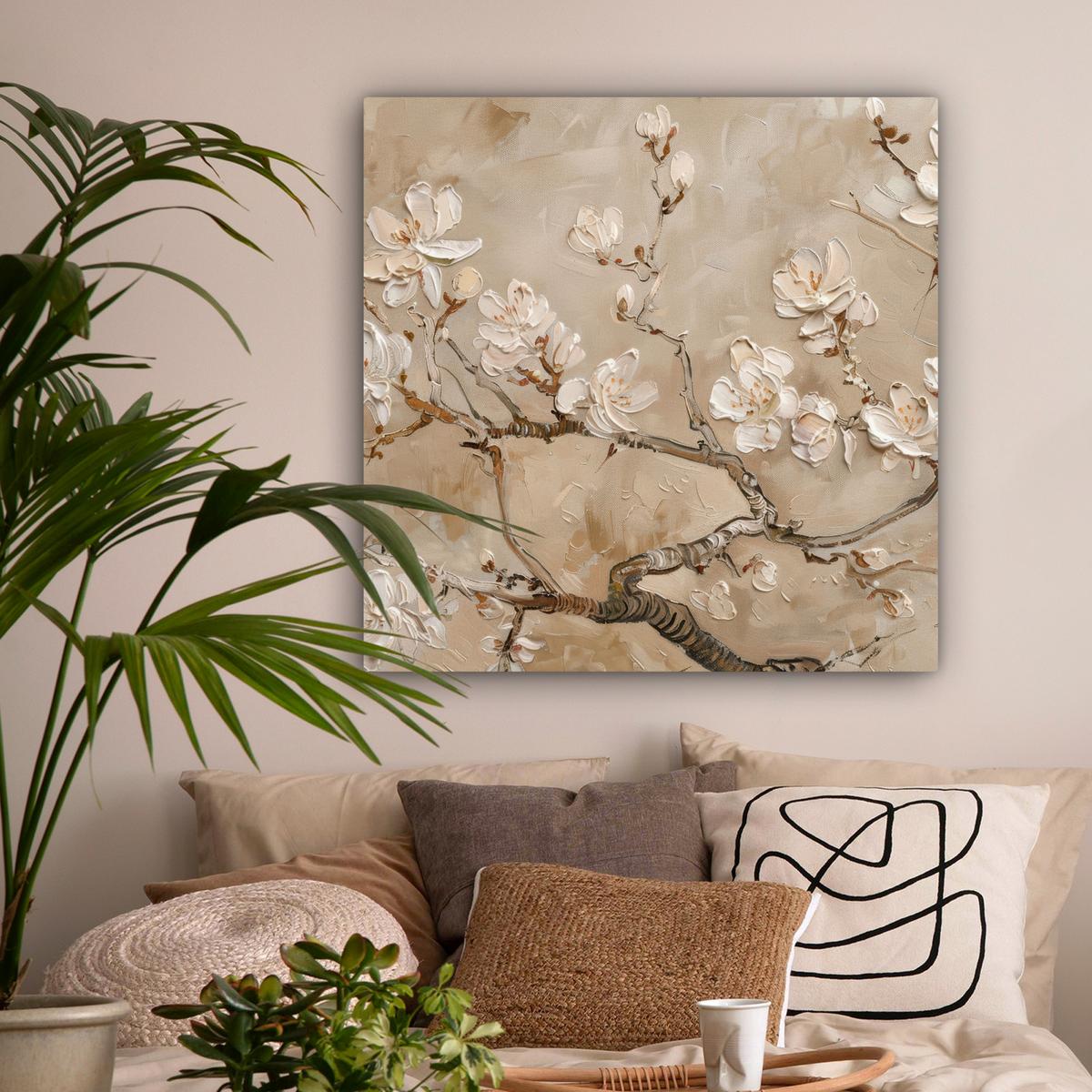 LEINWANDBILD Blumen - Modern - Beige - Weiß - Blüte Deko Groß 90x90 cm - Beige, Textil (90/90cm) - MuchoWow