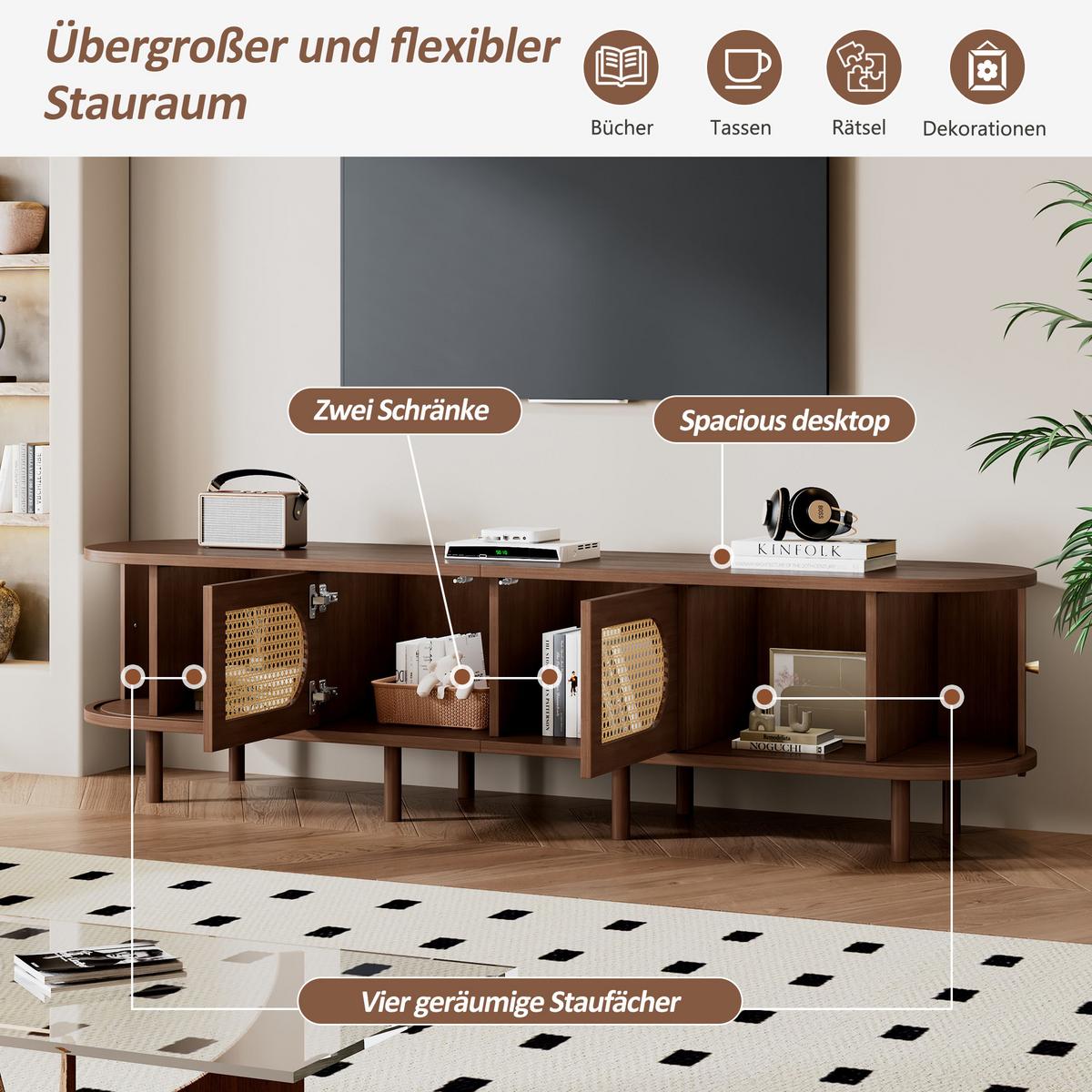 TV LOWBOARD walnuss rattan oval 180cm schiebetüren - Wildeiche, Holzwerkstoff (180/40/40cm) - Urban Meuble