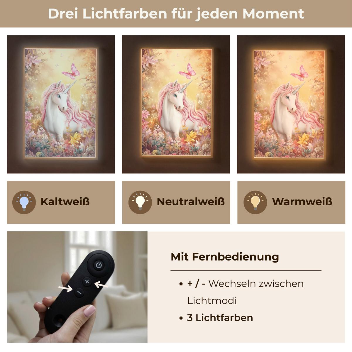 WANDLEUCHTE MIT AKKU Einhorn - Blumen - Schmetterling - Rosa 70x100 cm - Beige, Holzwerkstoff (70/100/8cm) - OnlyWow