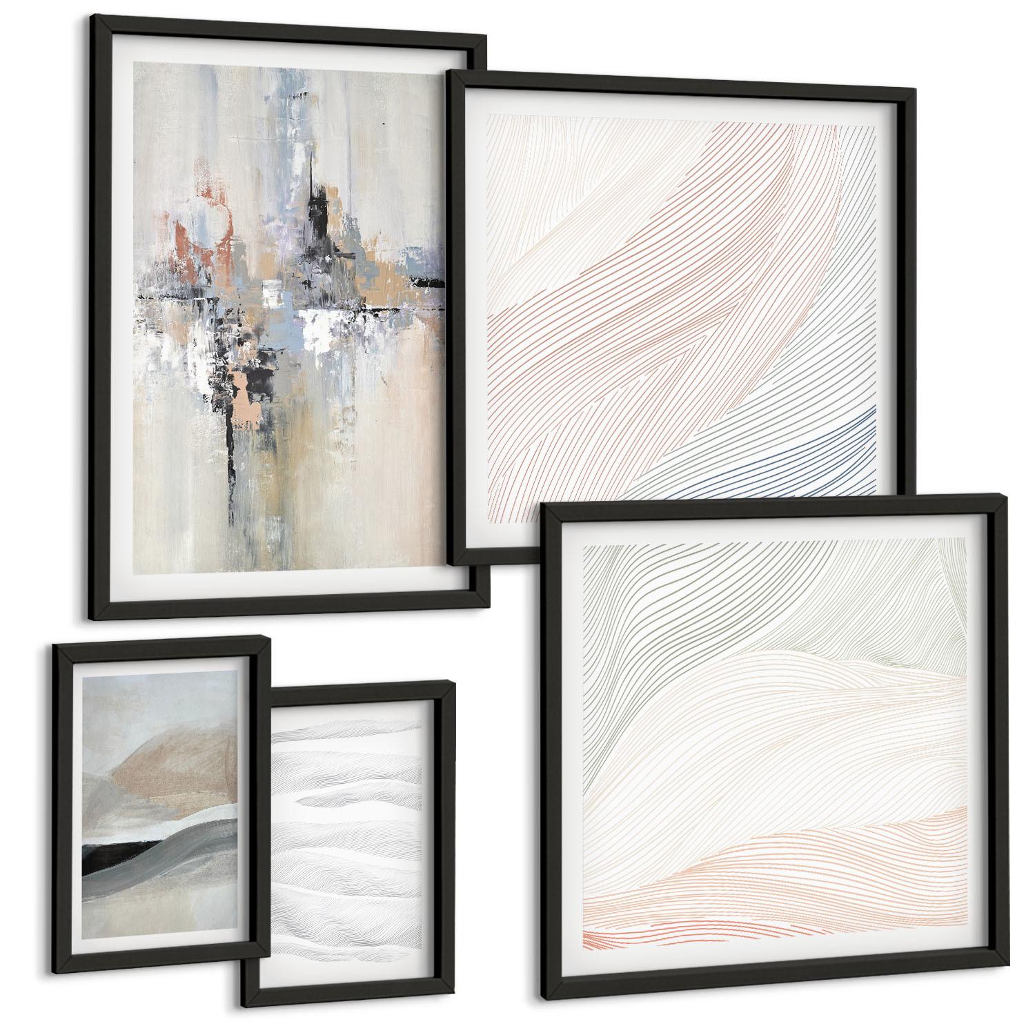 BILDER SET 5er Set - 50x50 cm & 20x30 cm & 40x60 cm Schwarzer Rahmen - Abstrakte Erdmuster - Schwarz, Kunststoff (40/60cm) - TULUP