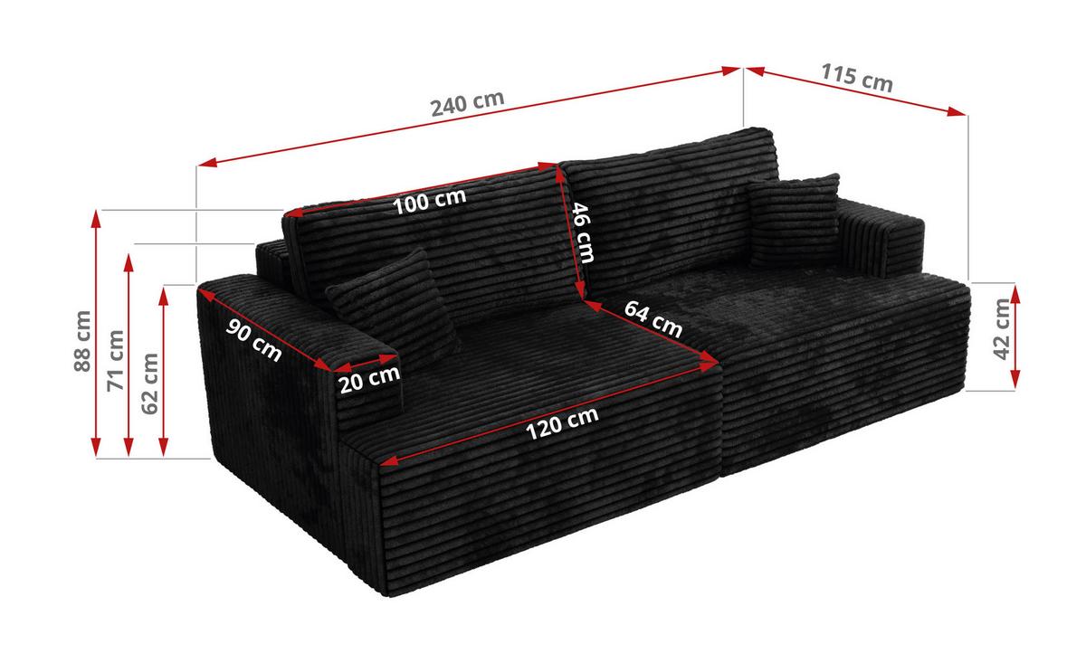 4-SITZER SOFA VIRELLA Schwarz Cord - Schwarz, Textil (240/88/115cm) - MKS