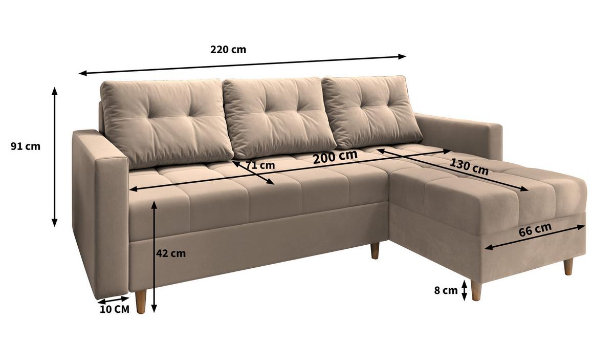 ECKSOFA MILO L Beige Plüsch-Stoff mit Schlaffunktion - Beige/Braun, Holz/Textil (220/140cm) - MASSENO