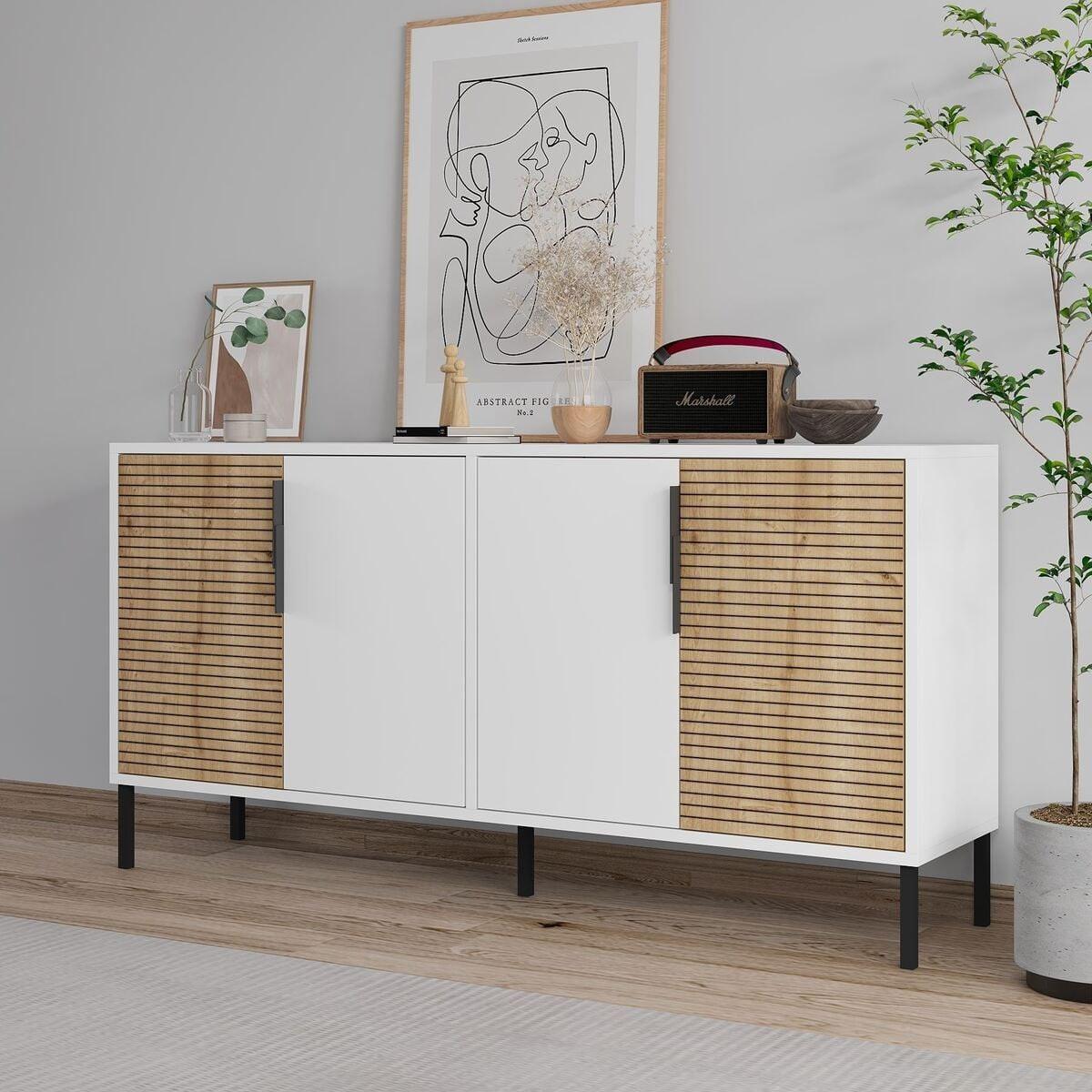 SIDEBOARD mit 4 Türen, Dekor in Weiß und Saphir-Eiche 36/150/75 cm - Weiß, Holzwerkstoff (36/75/43cm) - Calicosy