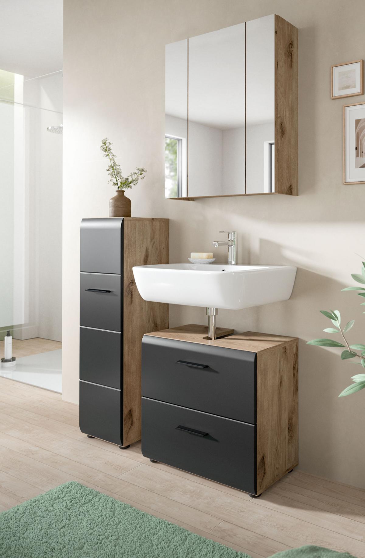 MIDISCHRANK schwarz matt, Eiche, Bad Kommode hängend / stehend 30 cm - Eichefarben/Schwarz, Holzwerkstoff/Kunststoff (30/106/30cm) - Inn.Furn