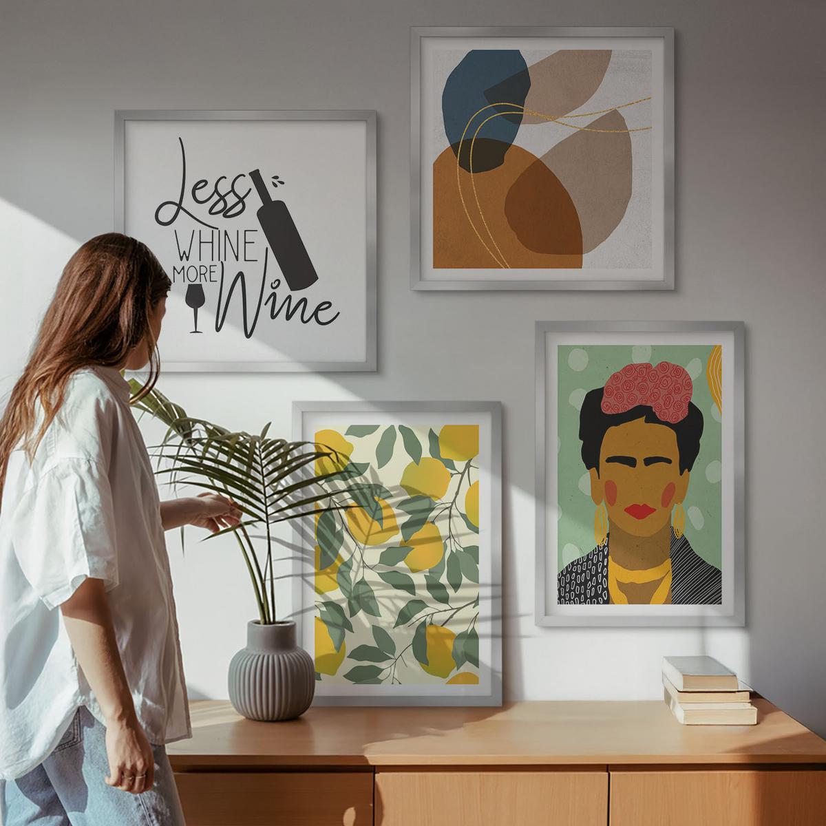 BILDER SET 4er Set - 50x50 cm & 40x60 cm Silberner Rahmen - Zitronenweinporträt von Frida - Silberfarben, Kunststoff (50/50cm) - TULUP