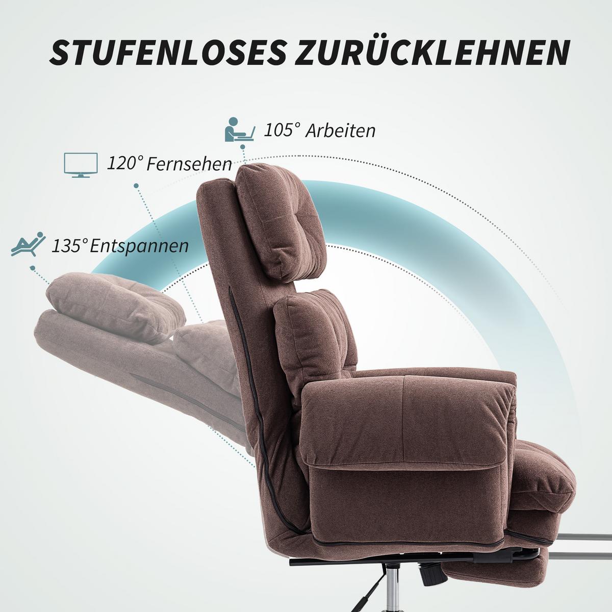 BÜROSTUHL, Ergonomischer Schreibtischstuhl mit Armlehne, Fußstütze, Kaffee - Schwarz/Braun, Textil/Metall (77/116/80cm) - HOMCOM