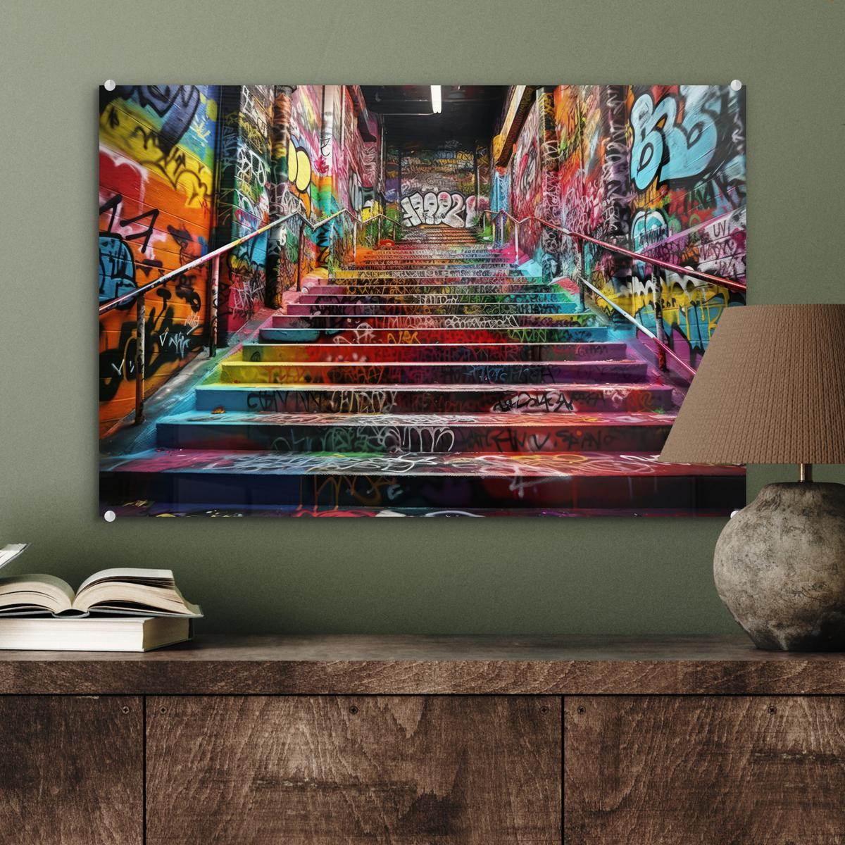 ACRYLGLASBILD Treppe - Graffiti - Farben - Kunst Wanddeko 60x40 cm - Multicolor, Glas (60/40cm) - MuchoWow