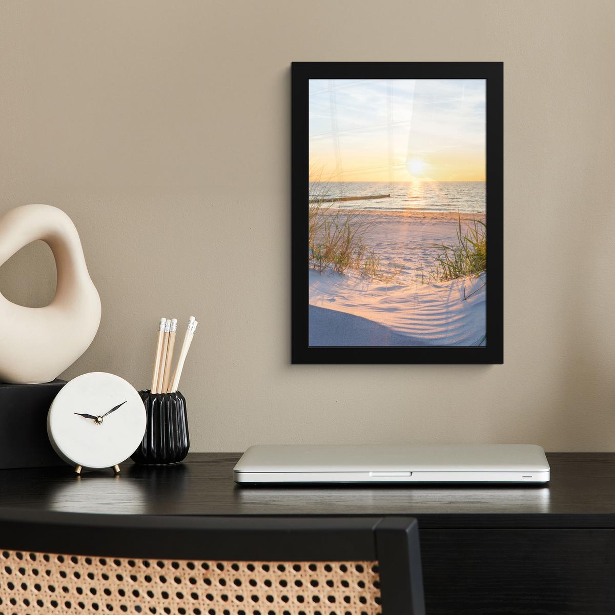 POSTER MIT RAHMEN Strand - Sonne - Düne - Gras - Sand - Horizont Poster 20x30 cm - Hellblau, Papier (20/30cm) - MuchoWow