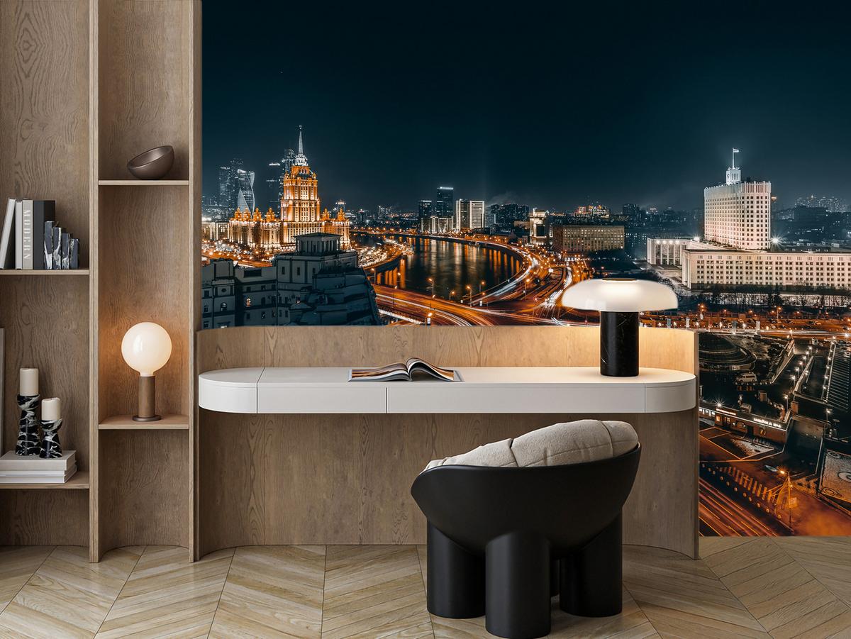 FOTOTAPETE für Wohnzimmer Moskau Nacht Panorama Metropole Straßen 100x70 - Beige/Schwarz, Papier (100/70cm) - Muralo