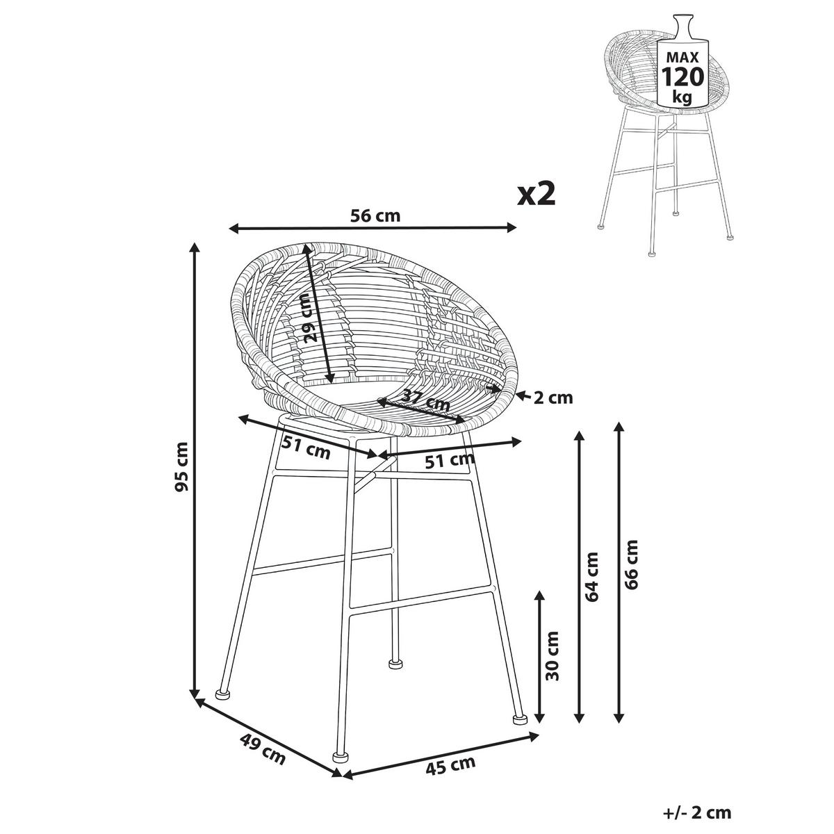 BARSTUHL 2er-Set Rattan Naturfarben Windom - Naturfarben, Naturmaterialen (56/95/51cm) - Beliani