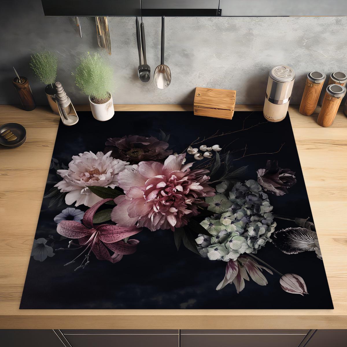 HERDABDECKPLATTE Blumen - Vintage - Pastell - Rosa - Weiß Induktionsmatte 78x78 cm - Altrosa, Kunststoff (78/78/0.2cm) - MuchoWow