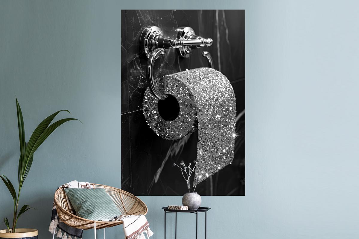 WANDTATTOO WC - Toilettenpapier - Schwarz und weiß - Glitter Wandaufkleber 80x120 cm - Silberfarben, Kunststoff (80/120/0.1cm) - MuchoWow