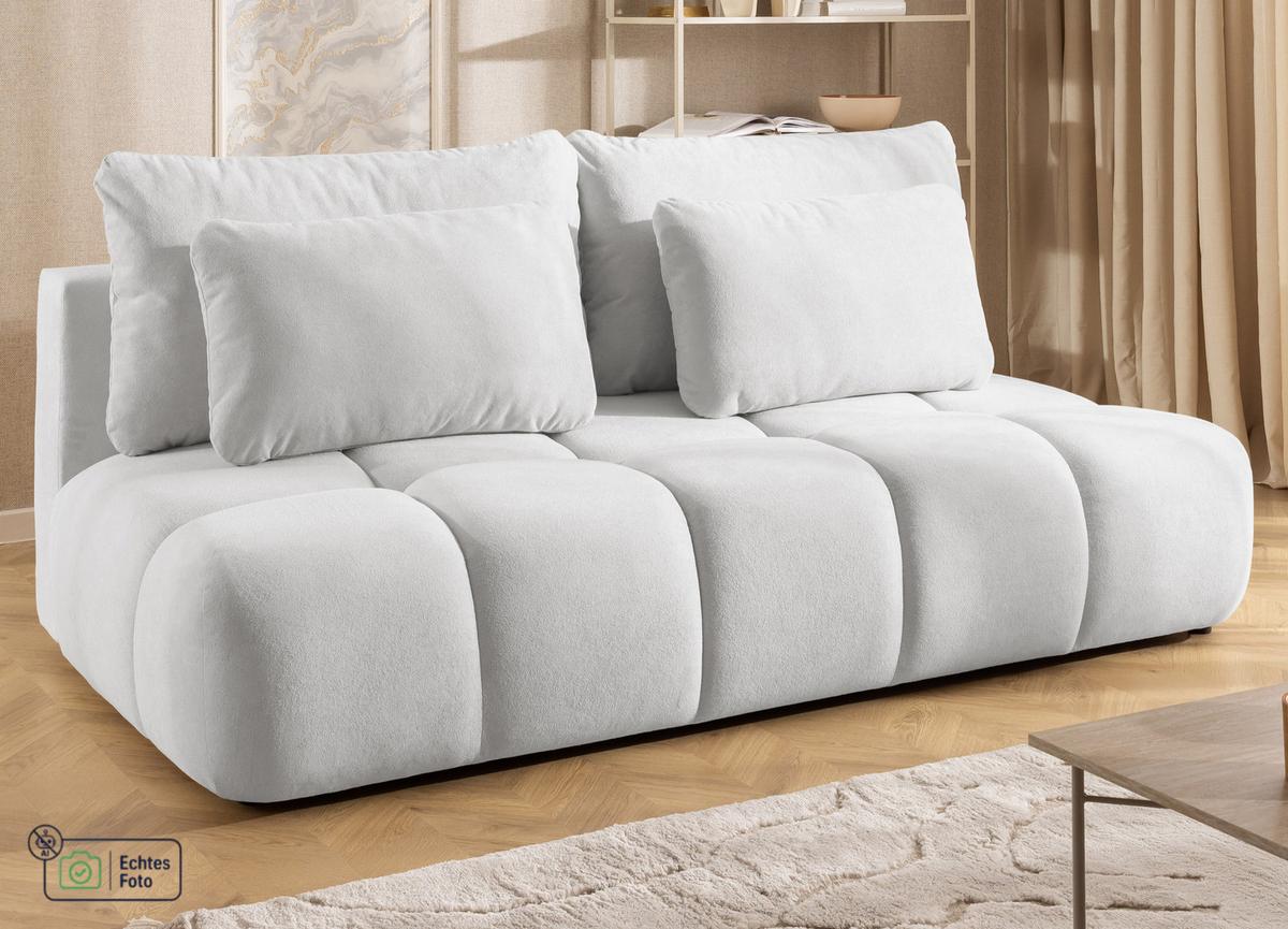 SCHLAFSOFA Belluno aus hochwertigem Hellgrau Plüschstoff mit Bettkasten und tiefen Steppungen in Bubble-Optik - Hellgrau/Schwarz, Holz/Kunststoff (205/87/105cm) - S-Style
