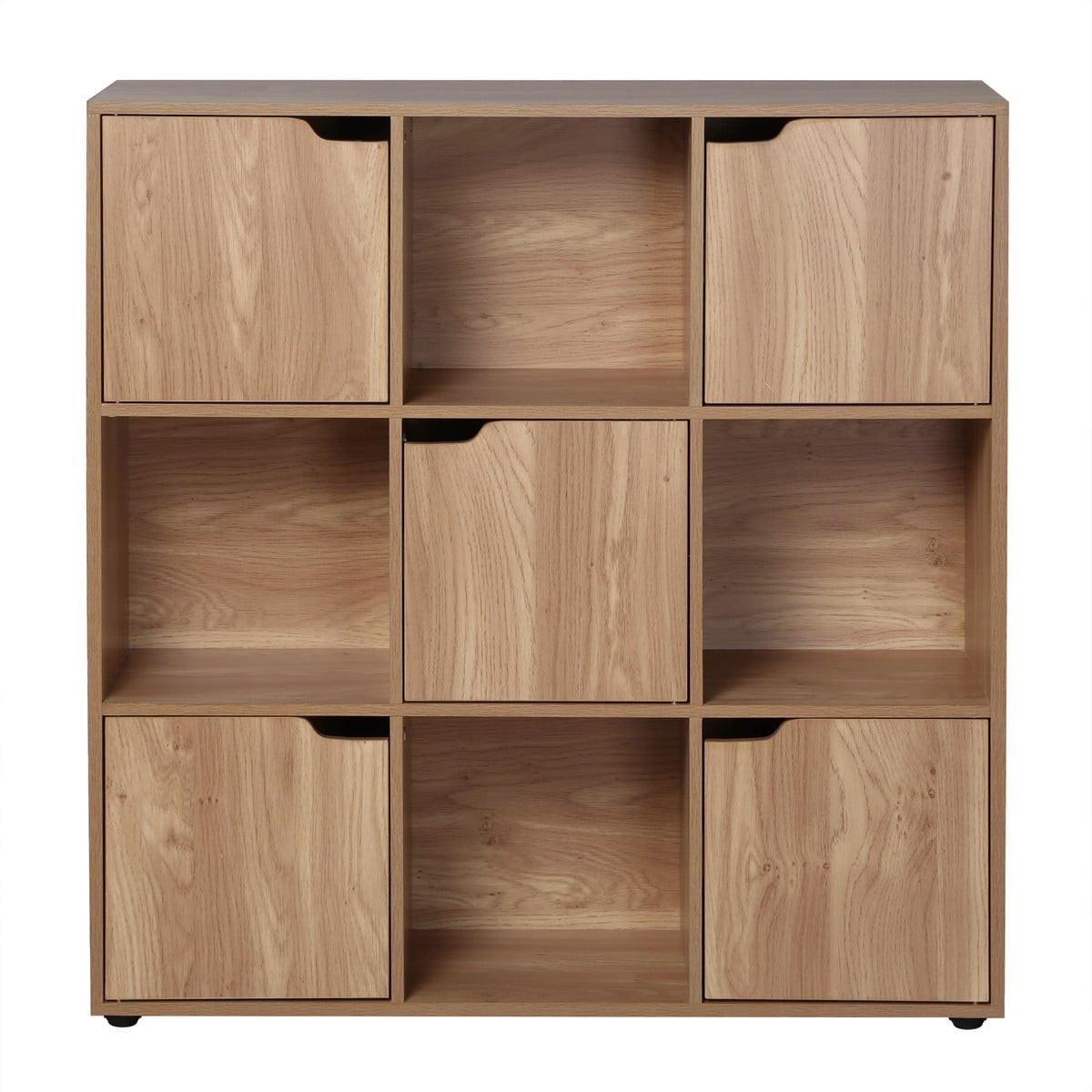 WÜRFELREGAL 9 Fächer mit 5 Türen Holzdekor B89 cm - MODU - Eichefarben, Holzwerkstoff (29/90.5/35cm) - Calicosy