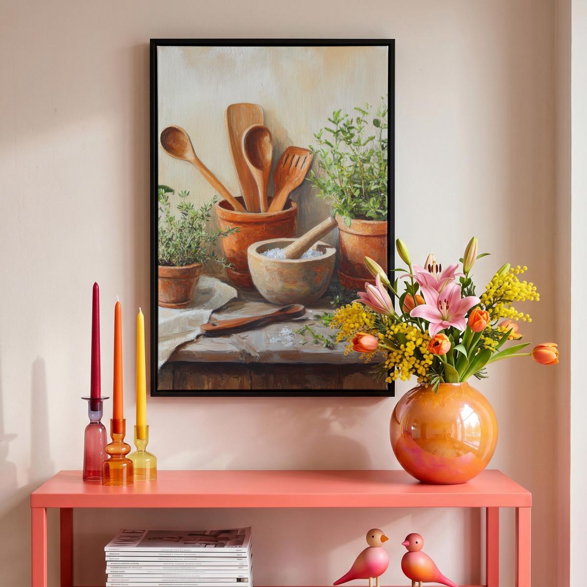 LEINWAND Bilder mit Rahmen - Töpfe - Kräuter - Holz - 40x60 - Terracotta, Textil (40/60cm) - MuchoWow