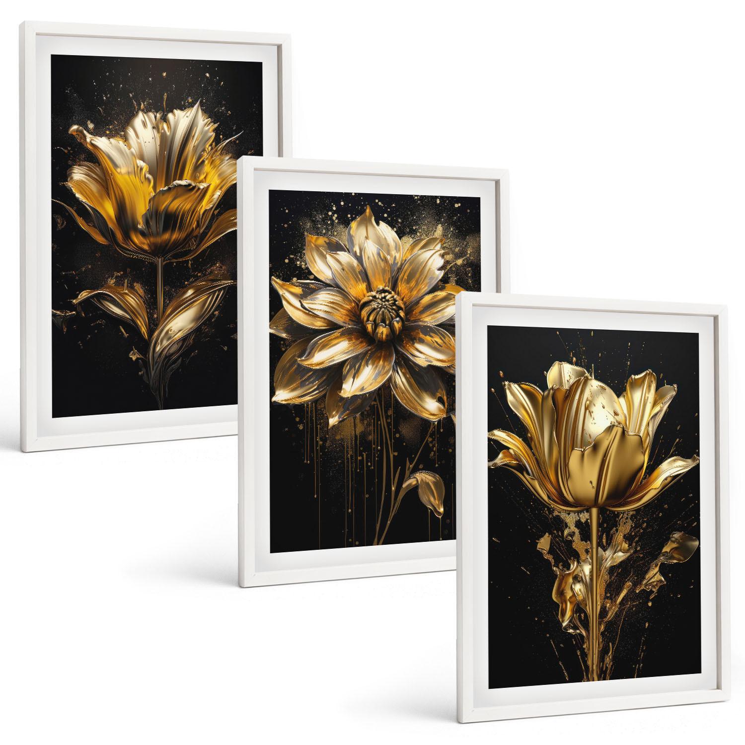 BILDER SET 3er Set - 40x60 cm Weißer Rahmen - Gelbe Blüten auf dunklem Hintergrund - Weiß, Kunststoff (40/60cm) - TULUP