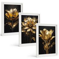 BILDER SET 3er Set - 40x60 cm Weißer Rahmen - Gelbe Blüten auf dunklem Hintergrund - Weiß, Kunststoff (40/60cm) - TULUP