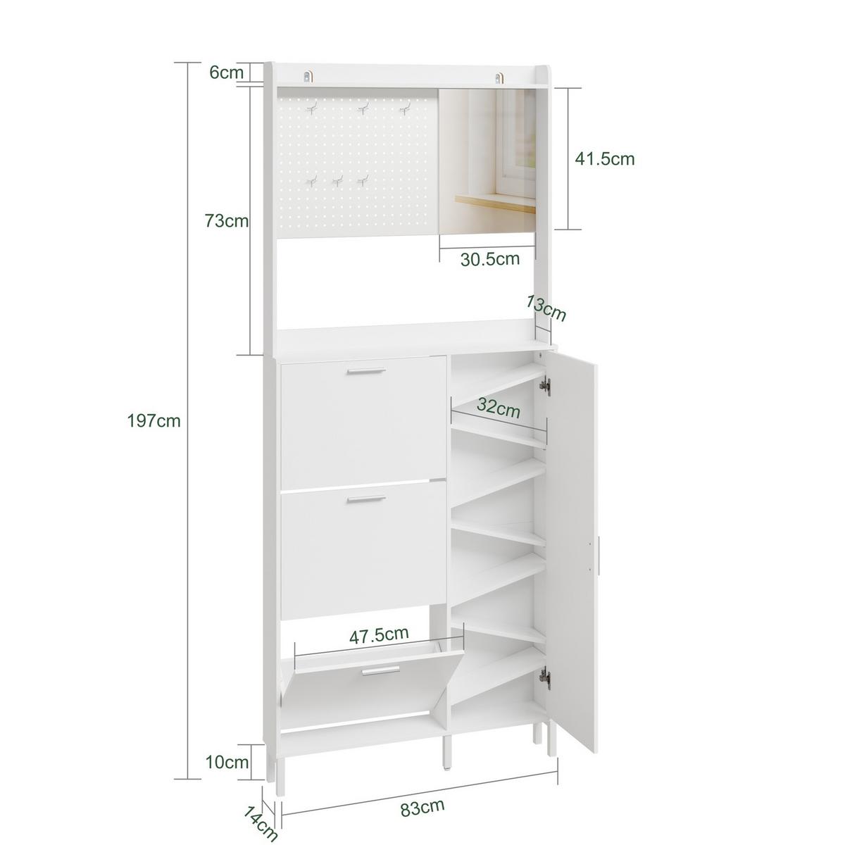 SCHUHSCHRANK mit Spiegel und Pegboard FSR233-W - Silberfarben/Weiß, Holzwerkstoff/Kunststoff (83/197/14cm) - SoBuy