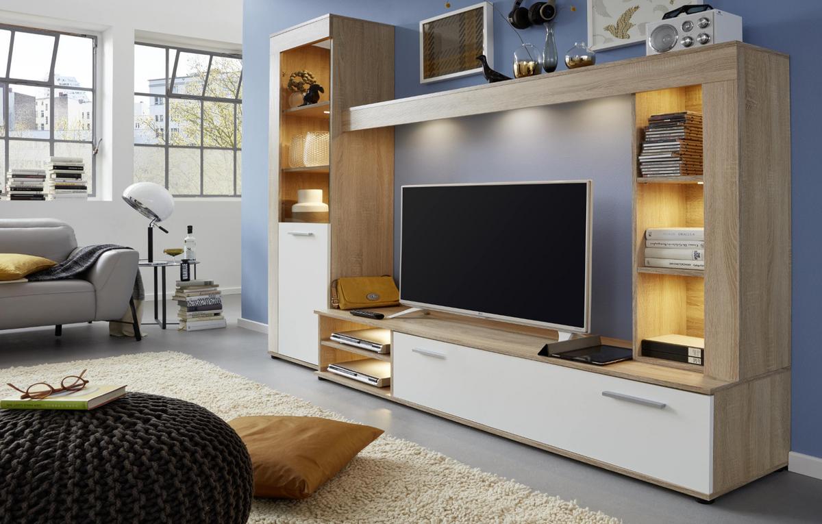 WOHNWAND Sonoma Eiche hell sägerau, weiß 240 cm, Schrankwand mit viel Stauraum - Silberfarben/Schwarz, Holzwerkstoff/Kunststoff (240/185/41cm) - Top.Furn