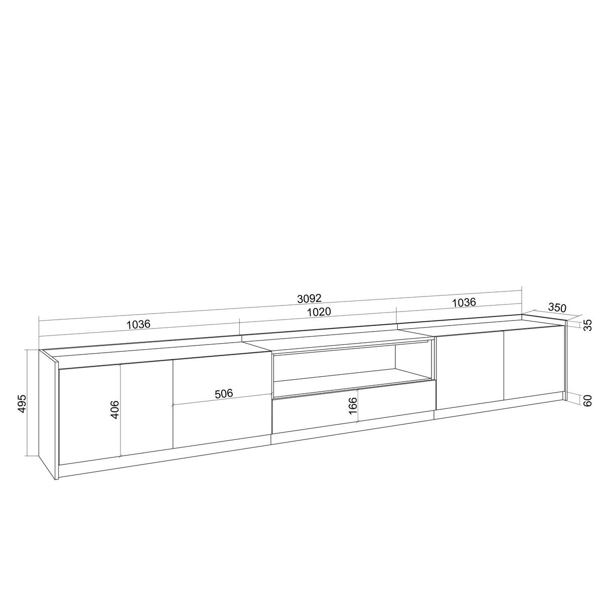 LOWBOARD, Eiche und Schwarz, 310/37/50cm, mit Led - Eichefarben, Holzwerkstoff (310/50/37cm) - Skraut Home
