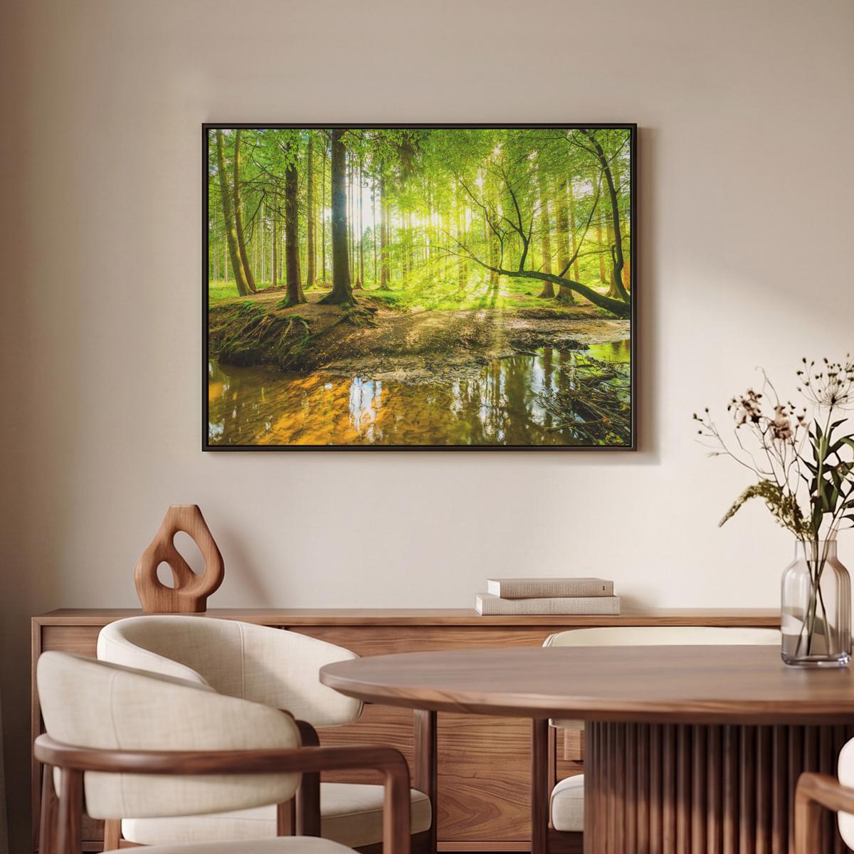 LEINWAND Bilder mit Rahmen - Wald - Landschaft - Wasser - Bäume - Sonne - Grün - Natur - 80x60 - Grün, Textil (80/60cm) - MuchoWow