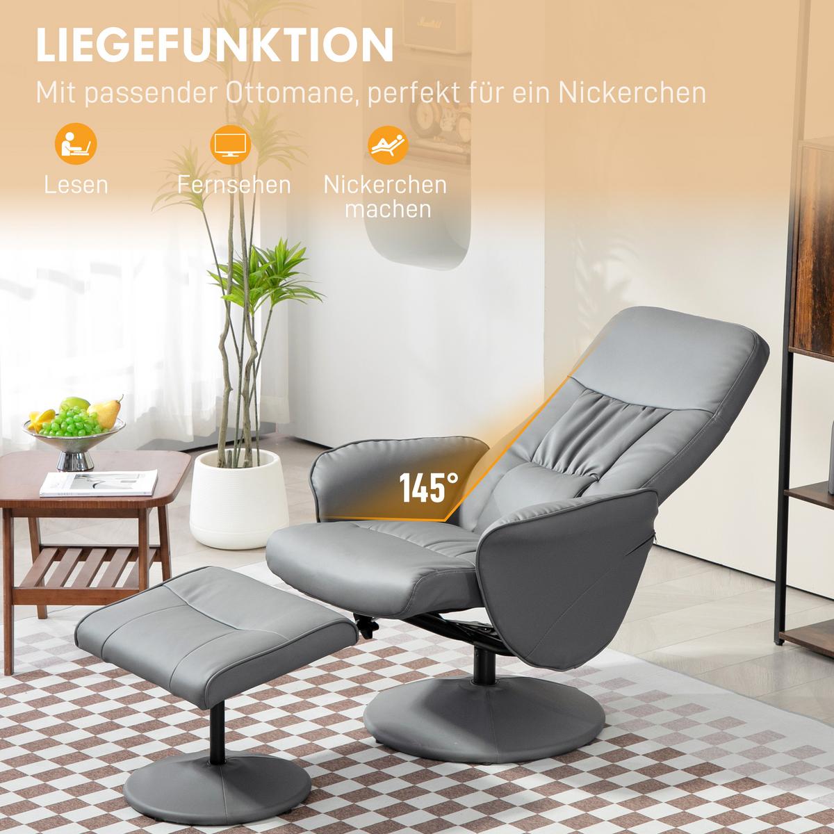 RELAXSESSEL mit Hocker, Fernsehsessel, TV Sessel mit Liegefunktion, Kunstleder - Hellgrau/Grau, Kunststoff/Metall (76/101/81cm) - HOMCOM